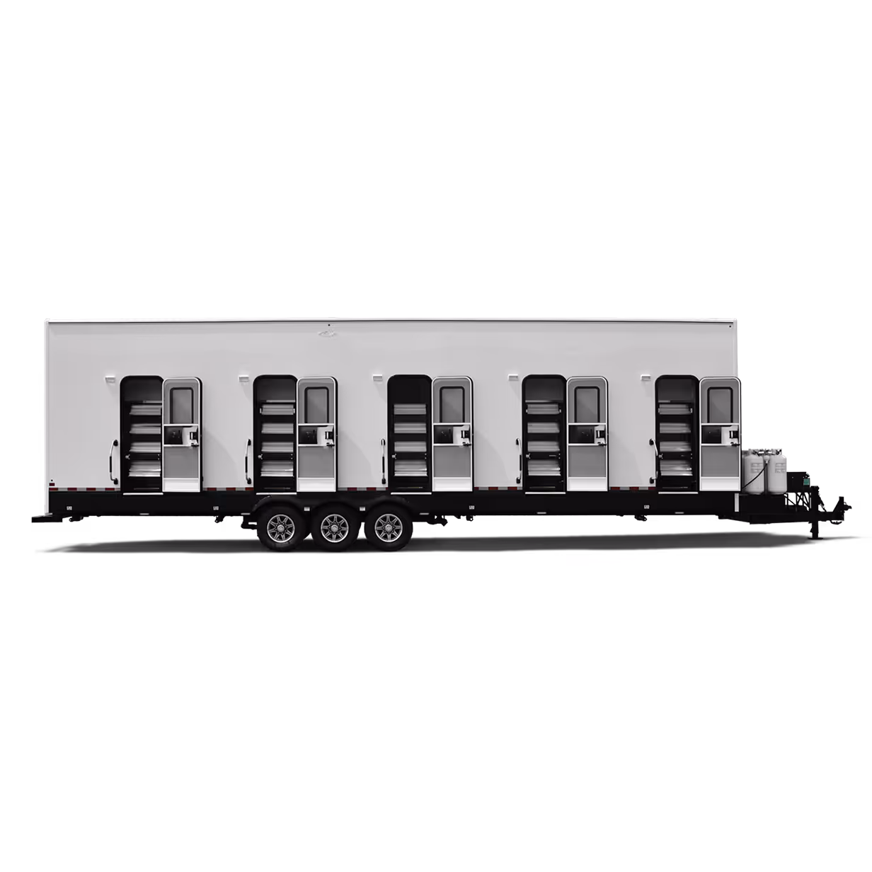 Mobile trailer featuring six individual privacy bunk units with separate entrances and a shower