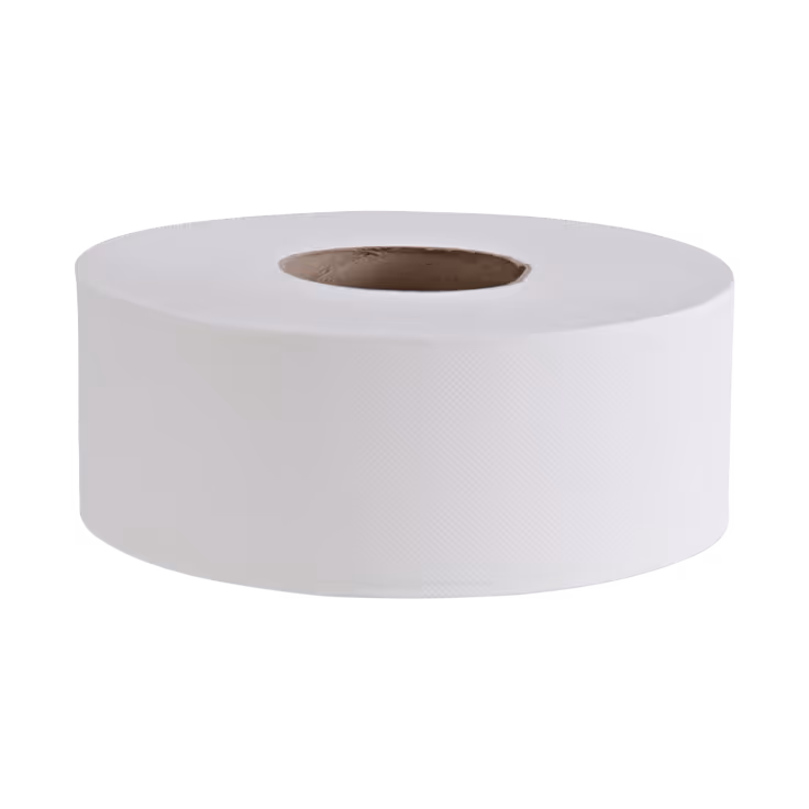 A large white jumbo roll of bathroom tissue with a hollow cardboard core.