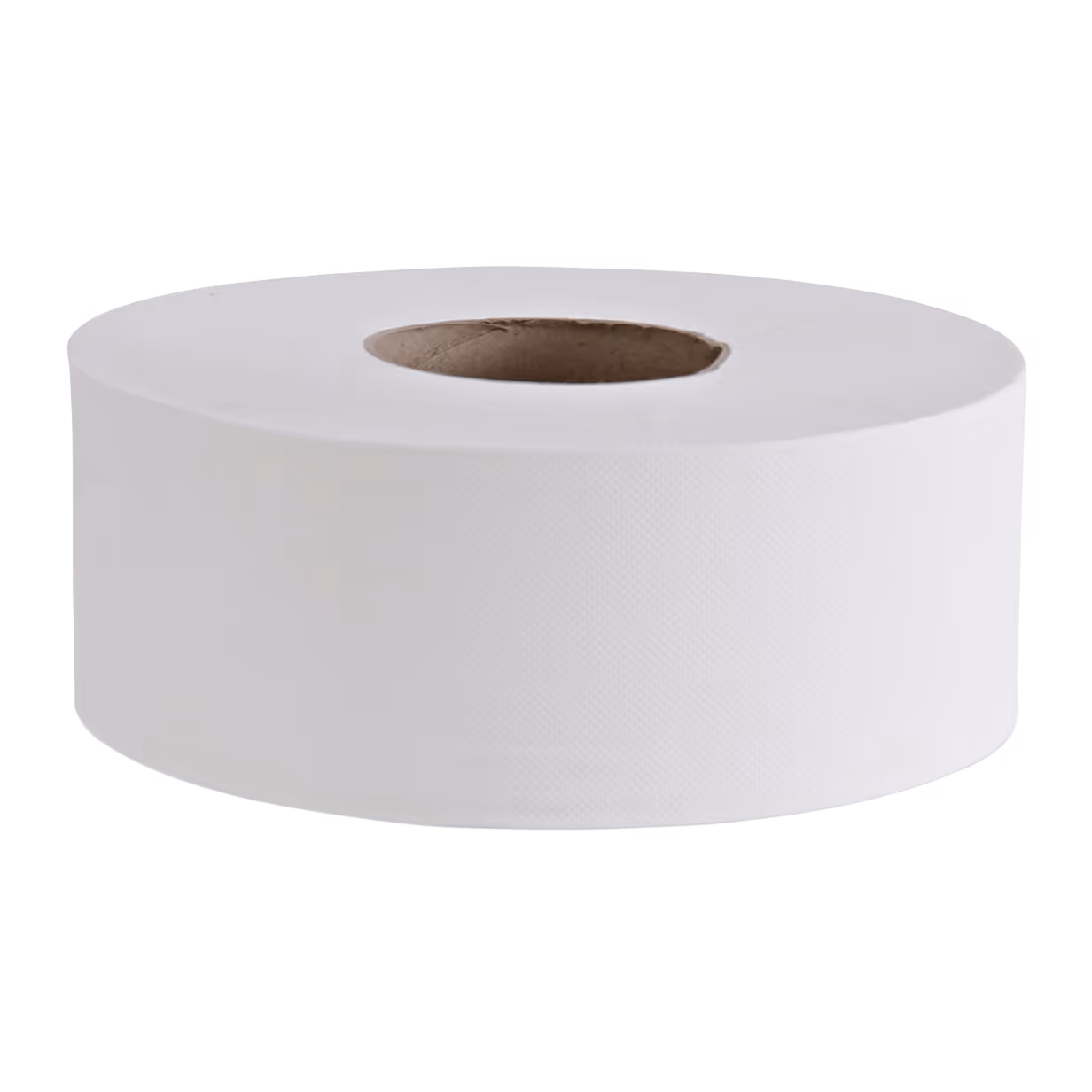 A large white jumbo roll of bathroom tissue with a hollow cardboard center.
