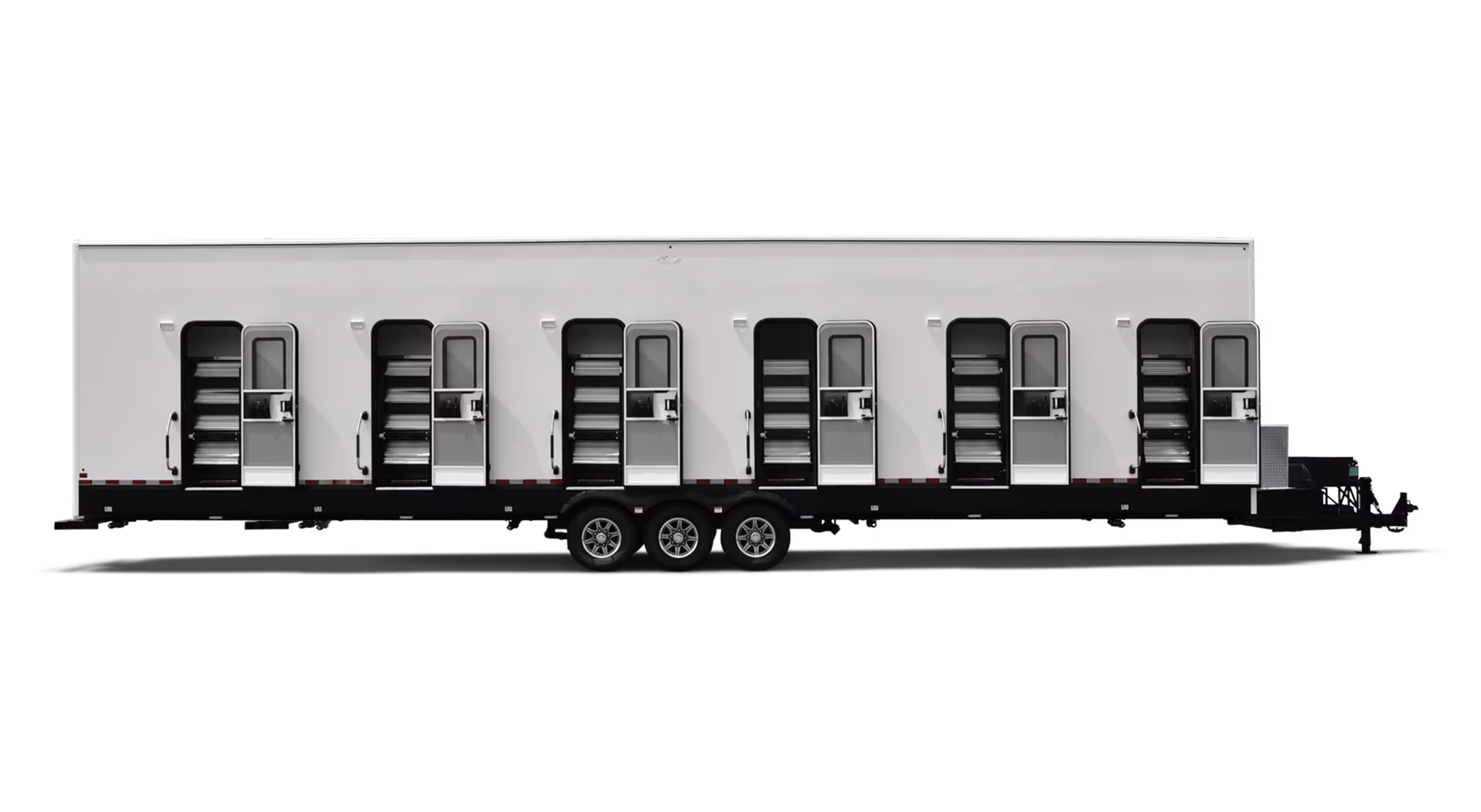 A 12-man privacy bunk trailer with multiple sleeping compartments and steps for access.