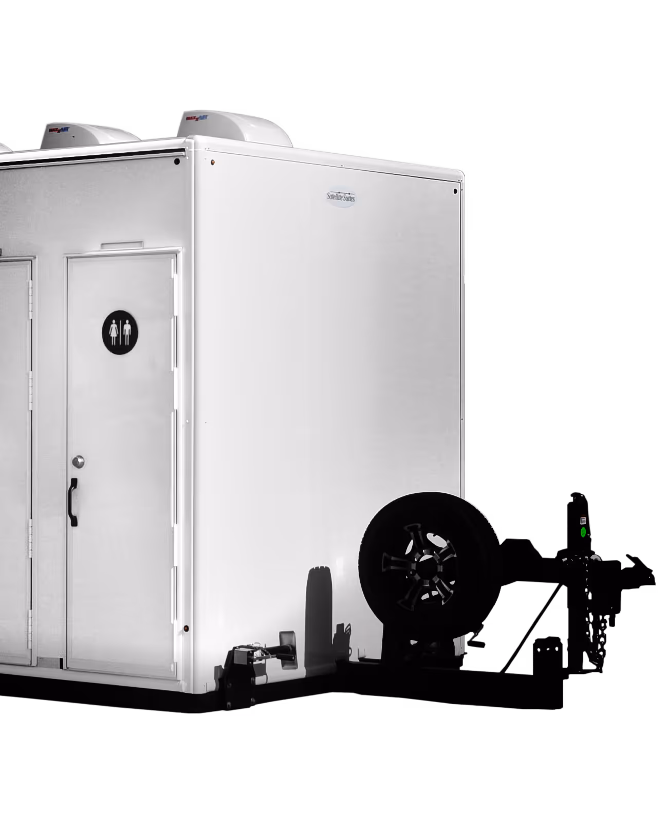 ADA-compliant portable restroom unit; features dual entrances and ventilation on top.