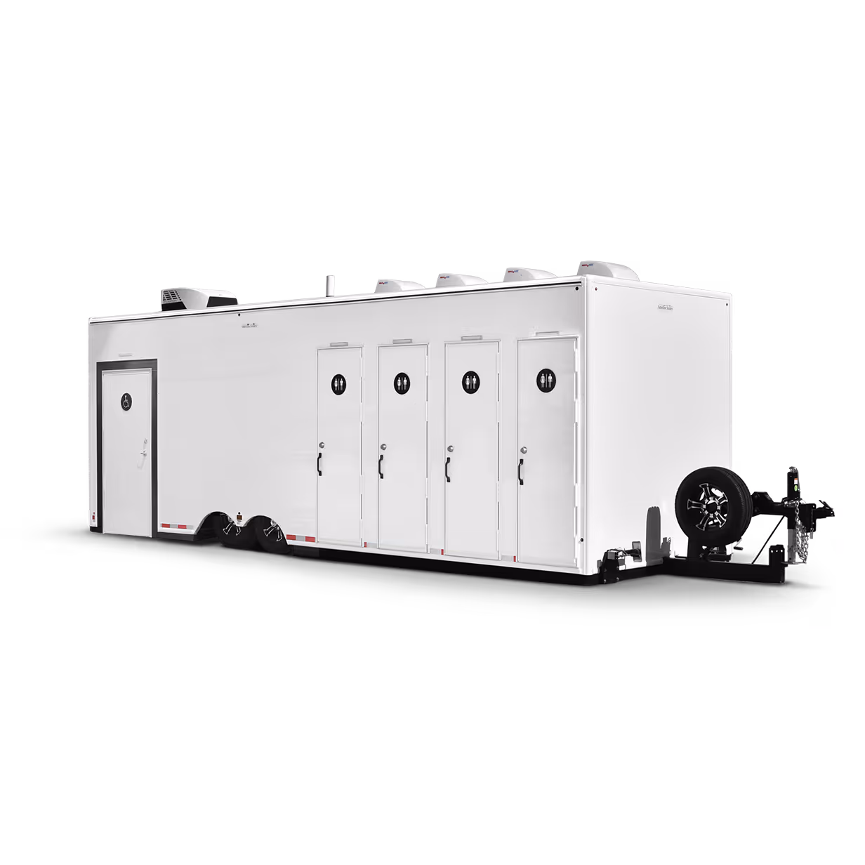 White mobile restroom trailer with four separate stalls and a side door, mounted on a trailer