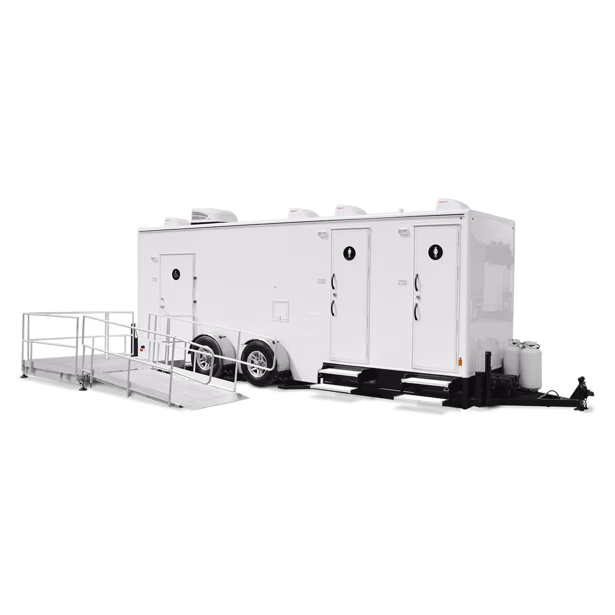 White ADA-compliant 6x23' shower trailer with two restrooms and a ramp for accessibility.