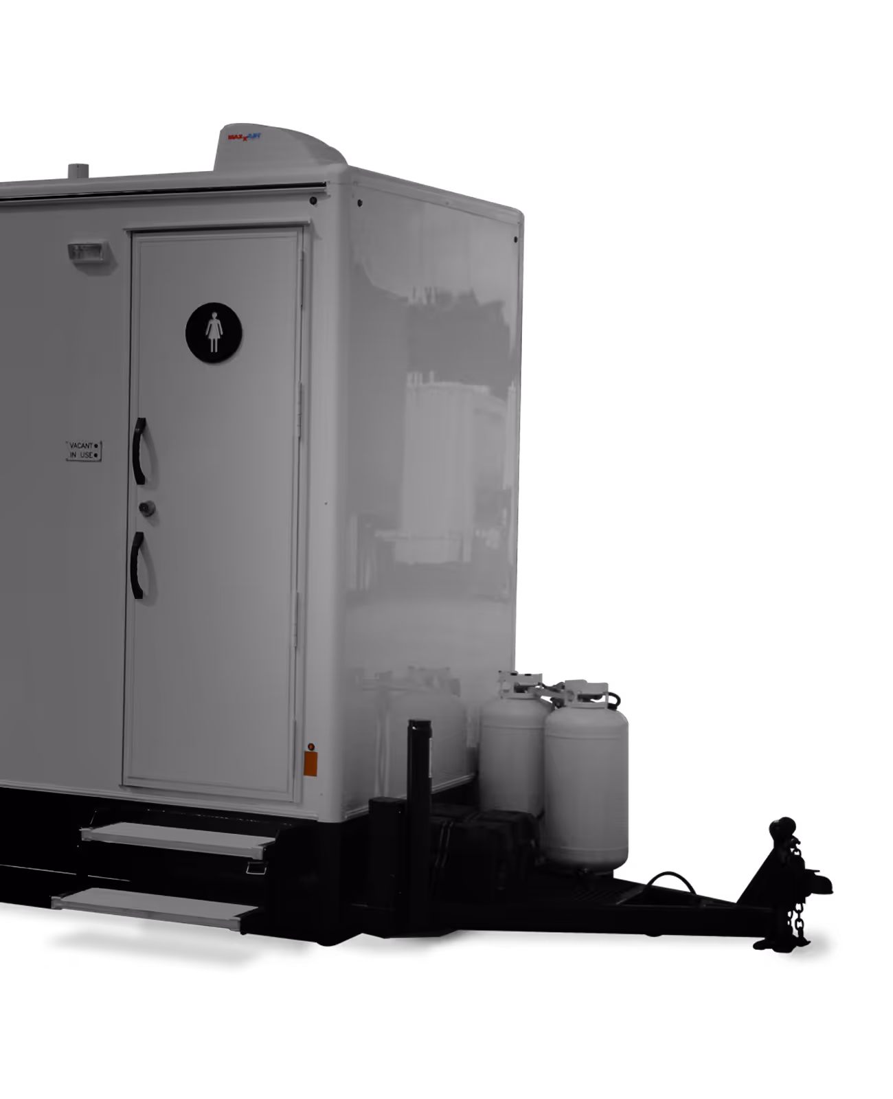 Portable restroom trailer with a women's symbol, propane tanks, and steps for access.