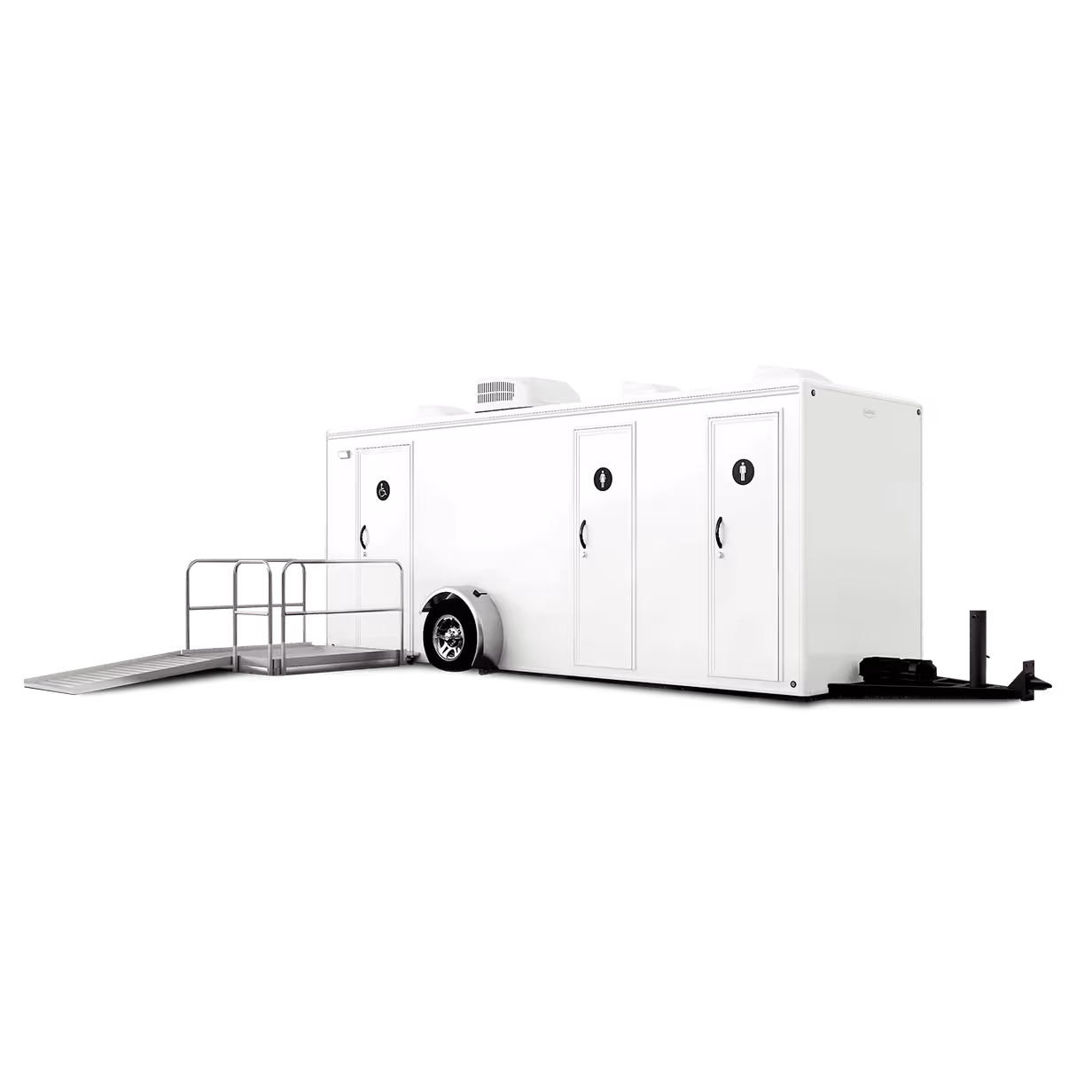 A portable restroom trailer with three doors and a ramp, featuring a sleek white exterior.