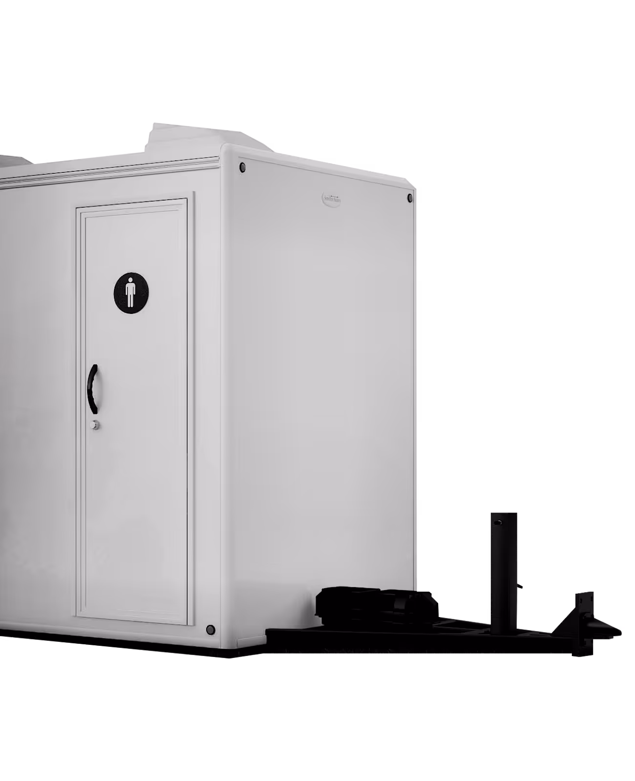 A white, three-station, ADA-compliant restroom trailer with one men's door.
