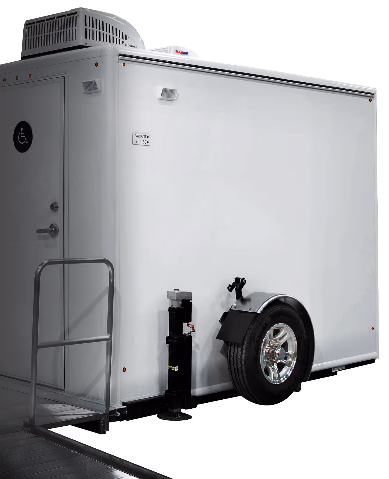 Portable ADA-compliant restroom trailer with wheelchair access and large rear tire.