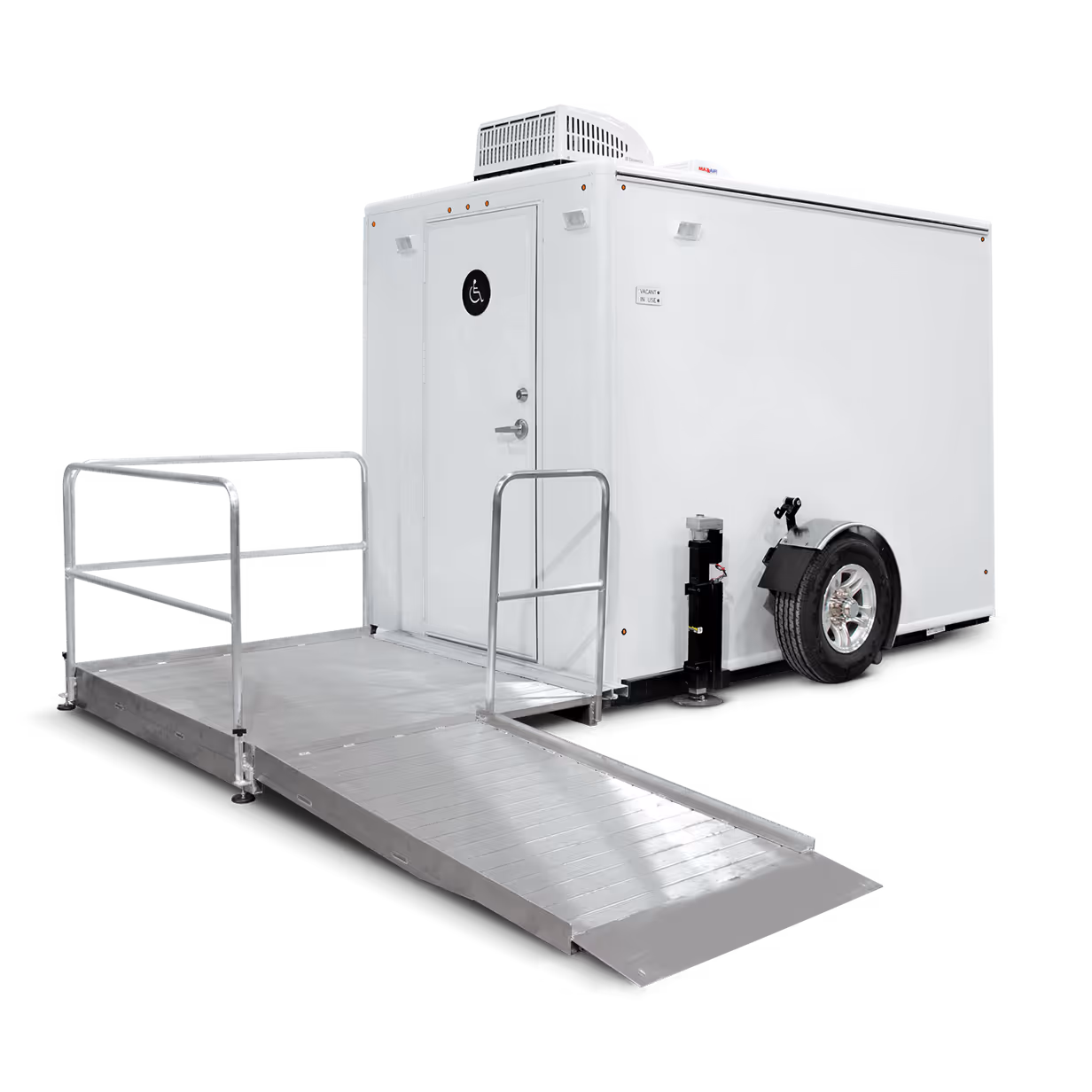Portable ADA-compliant restroom trailer with ramp, featuring a door and ventilation unit.