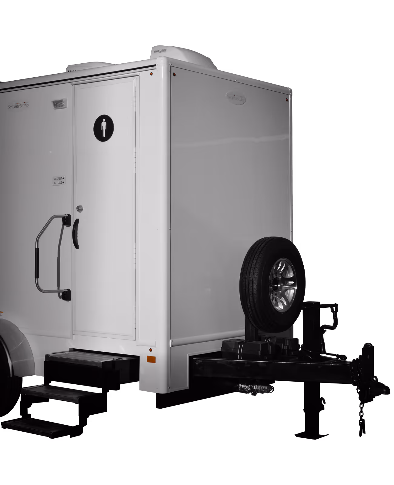White portable restroom trailer with two doors, accessible steps, and a wheel attachment.