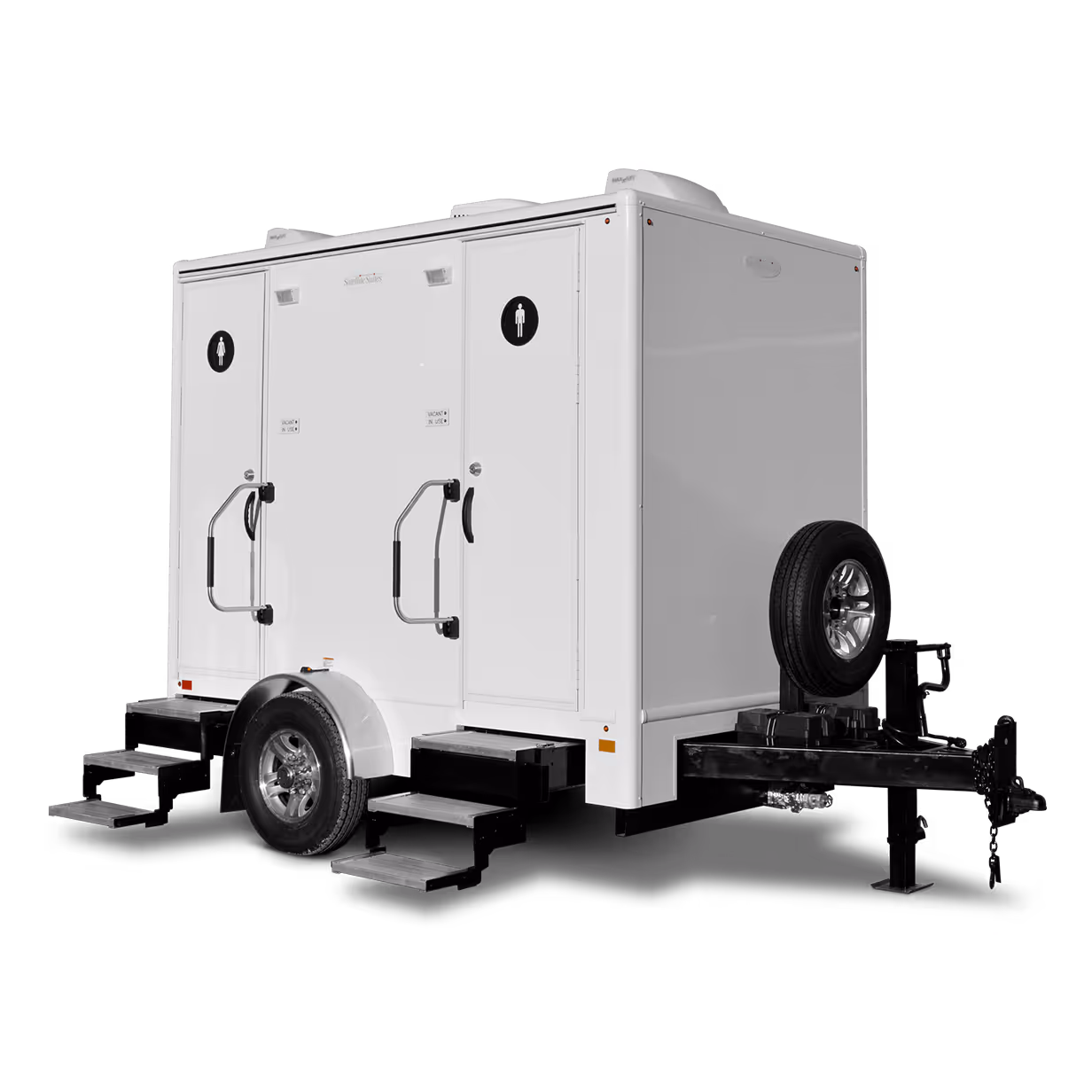 A white 2-door, 2-station portable restroom trailer on wheels with steps and black background.