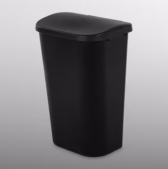 Black rectangular trash bin with a lid, sloping sides, and a smooth finish.