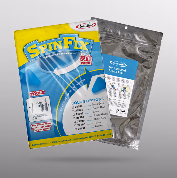 Two product packages for SpinFix, featuring tools and color options, displayed on a gradient