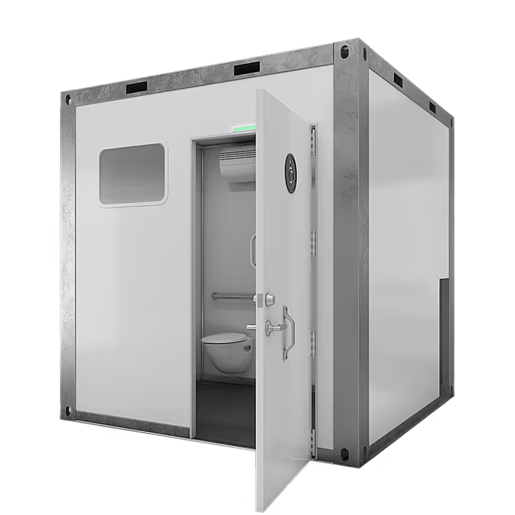White modular restroom with a door, featuring an accessible toilet and a window.
