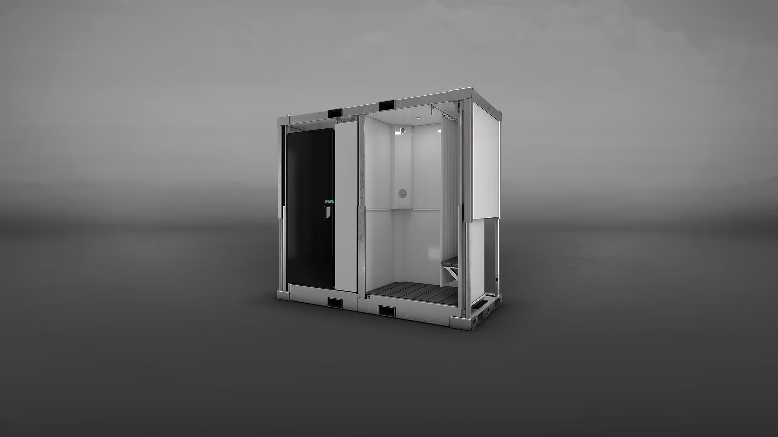 A modern, minimalistic shower unit with a sliding door and interior lighting.
