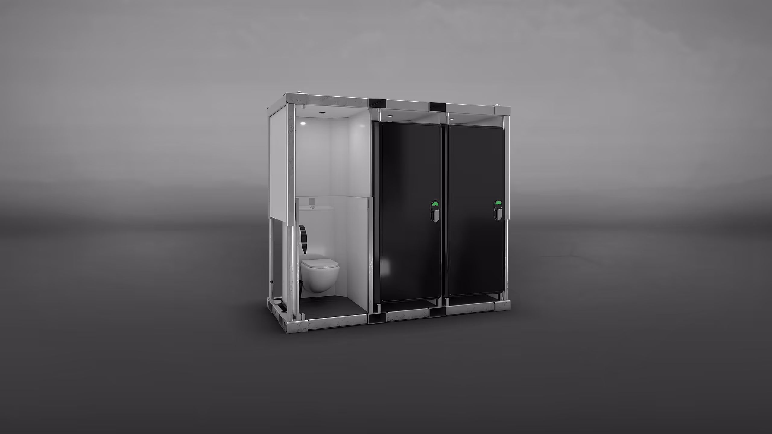 A portable restroom unit with two black doors and a toilet inside a white compartment.