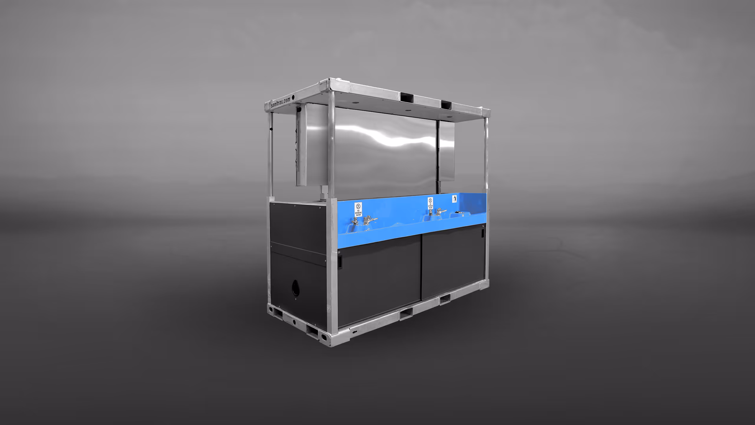 A portable vending station with stainless steel surfaces and a blue front panel.