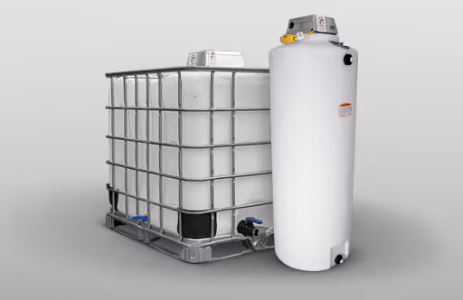 Two industrial containers: a large plastic IBC tank and a smaller cylindrical tank.
