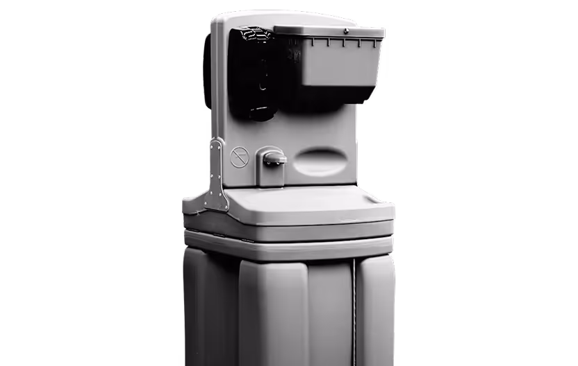 Gray portable handwashing station with water dispenser and soap holder on black background.
