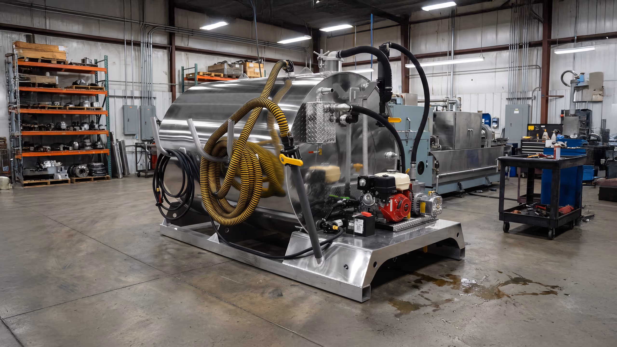 A large metallic tank with hoses and a red pump, set in an industrial workshop environment.