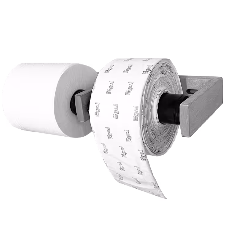 Two toilet paper rolls on a dual wooden holder, one plain and one branded with 'Egal'.