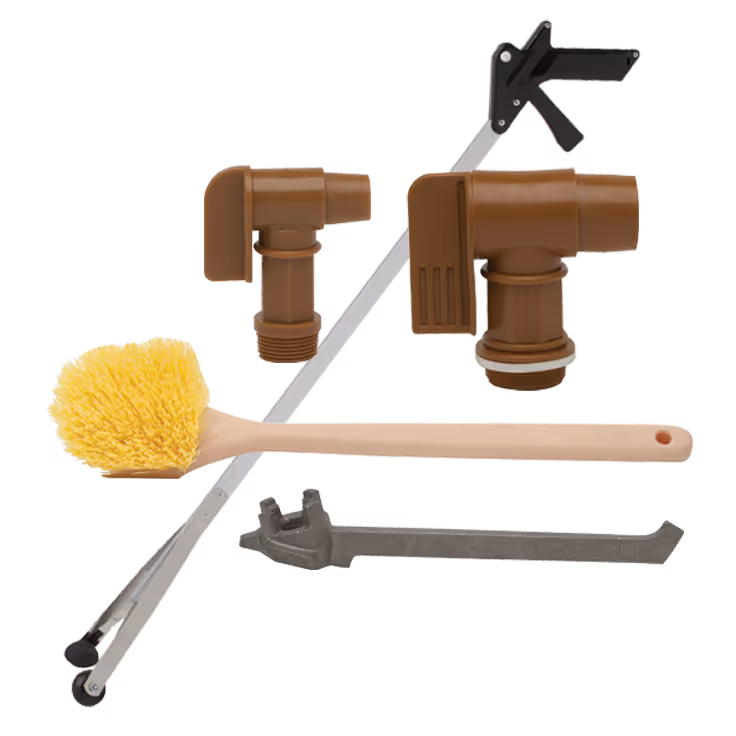 Collection of Safe-T-Fresh accessories: two brown connectors, a yellow brush, and a wrench.