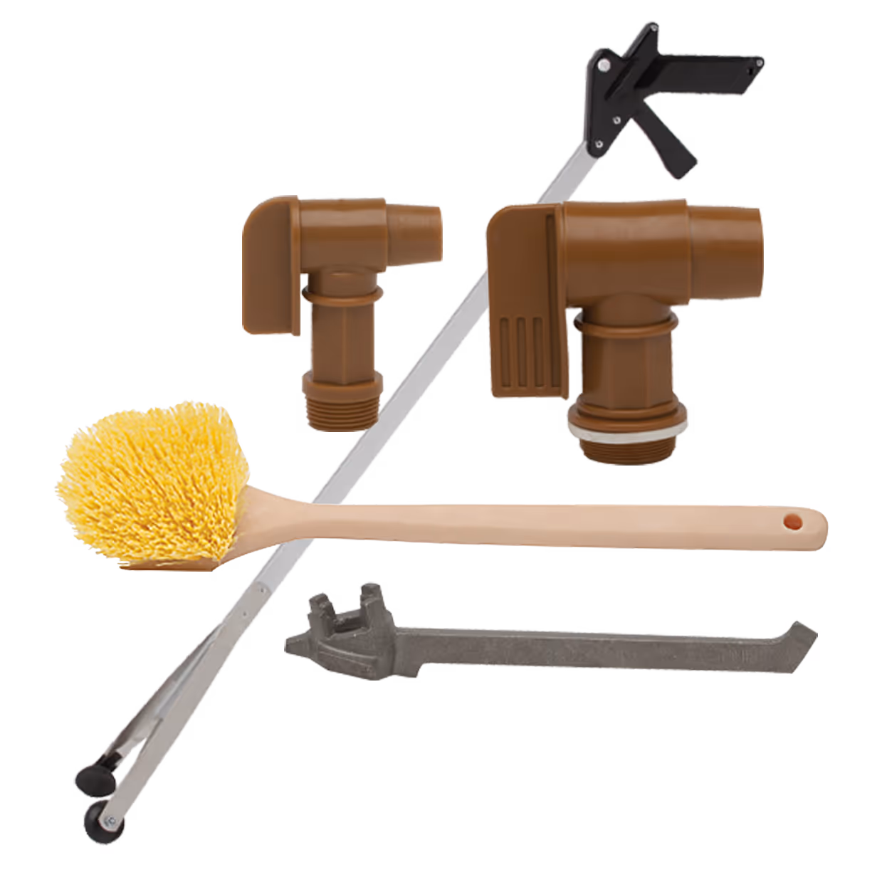 Collection of Safe-T-Fresh accessories: tools and fittings, including brushes and wrenches.