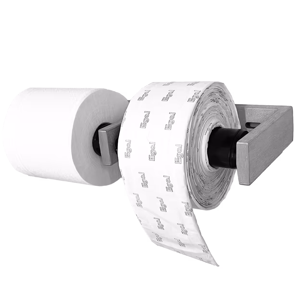Two toilet paper rolls on a wooden holder; one roll with printed 'Egal' text on sheets.