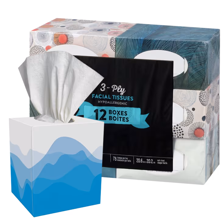 3-ply hypoallergenic facial tissue pack with 12 boxes and a blue mountain-themed single dispenser box.