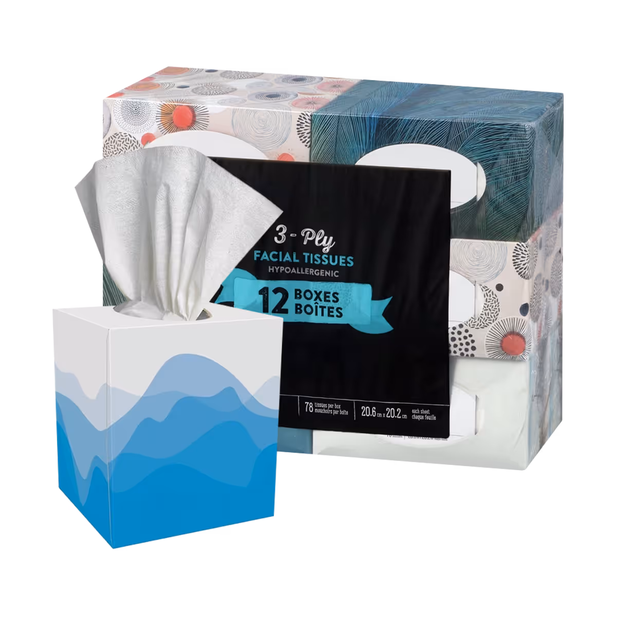 3-ply hypoallergenic facial tissues in colorful boxes with a tissue pulled from one box.