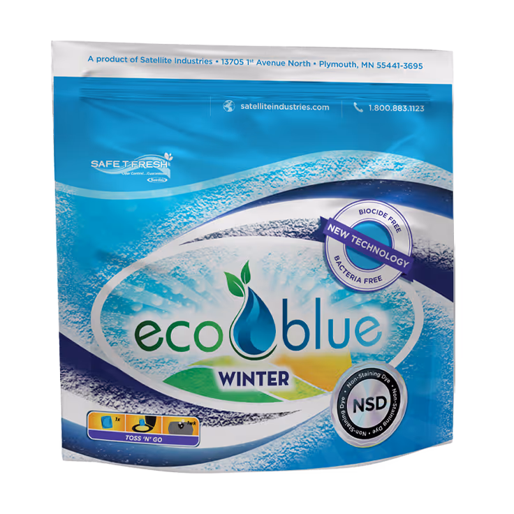EcoBlue Winter stain remover packaging showing biocide-free, bacteria-free new technology.