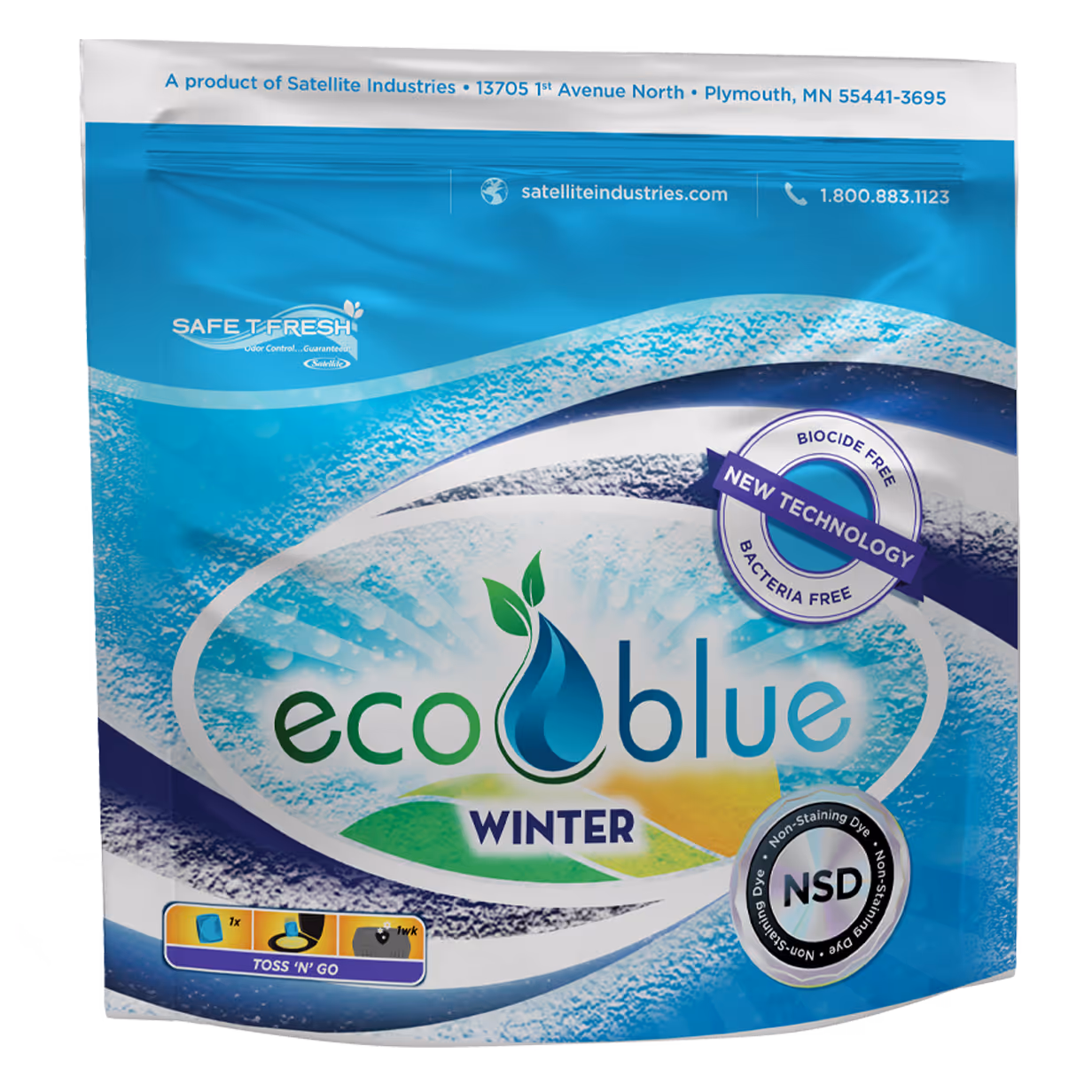 Eco Blue Winter product pouch with biocide-free, bacteria-free new technology and non-staining dye features.