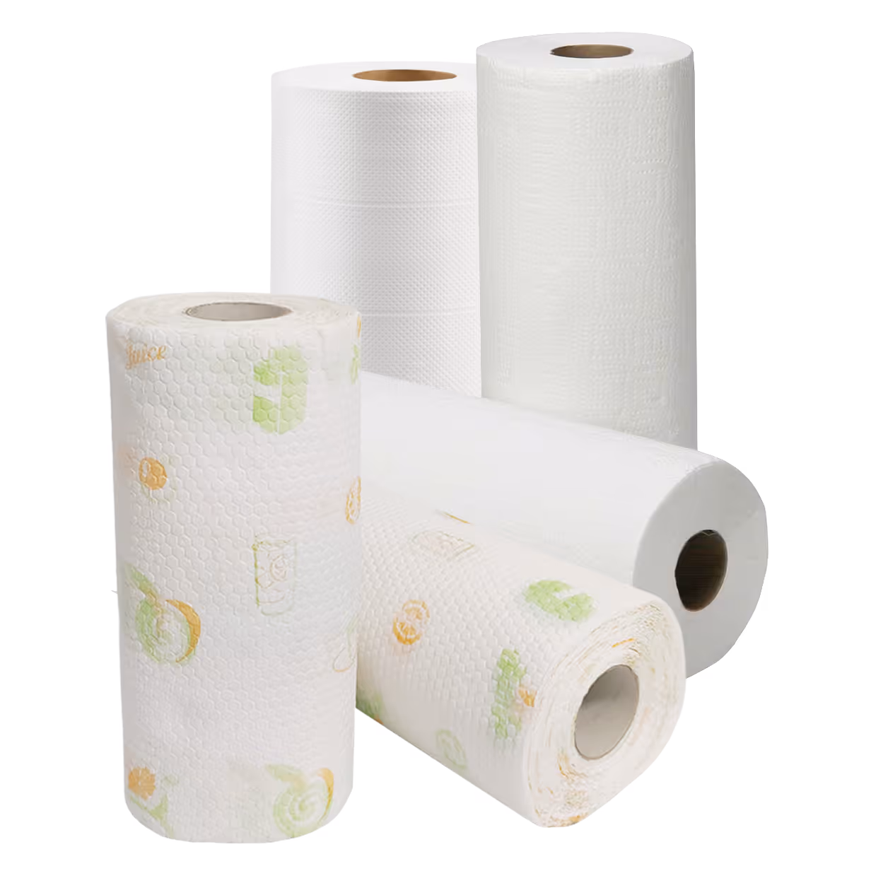 Five rolls of white paper towels, including two with green and yellow patterns, against white background.