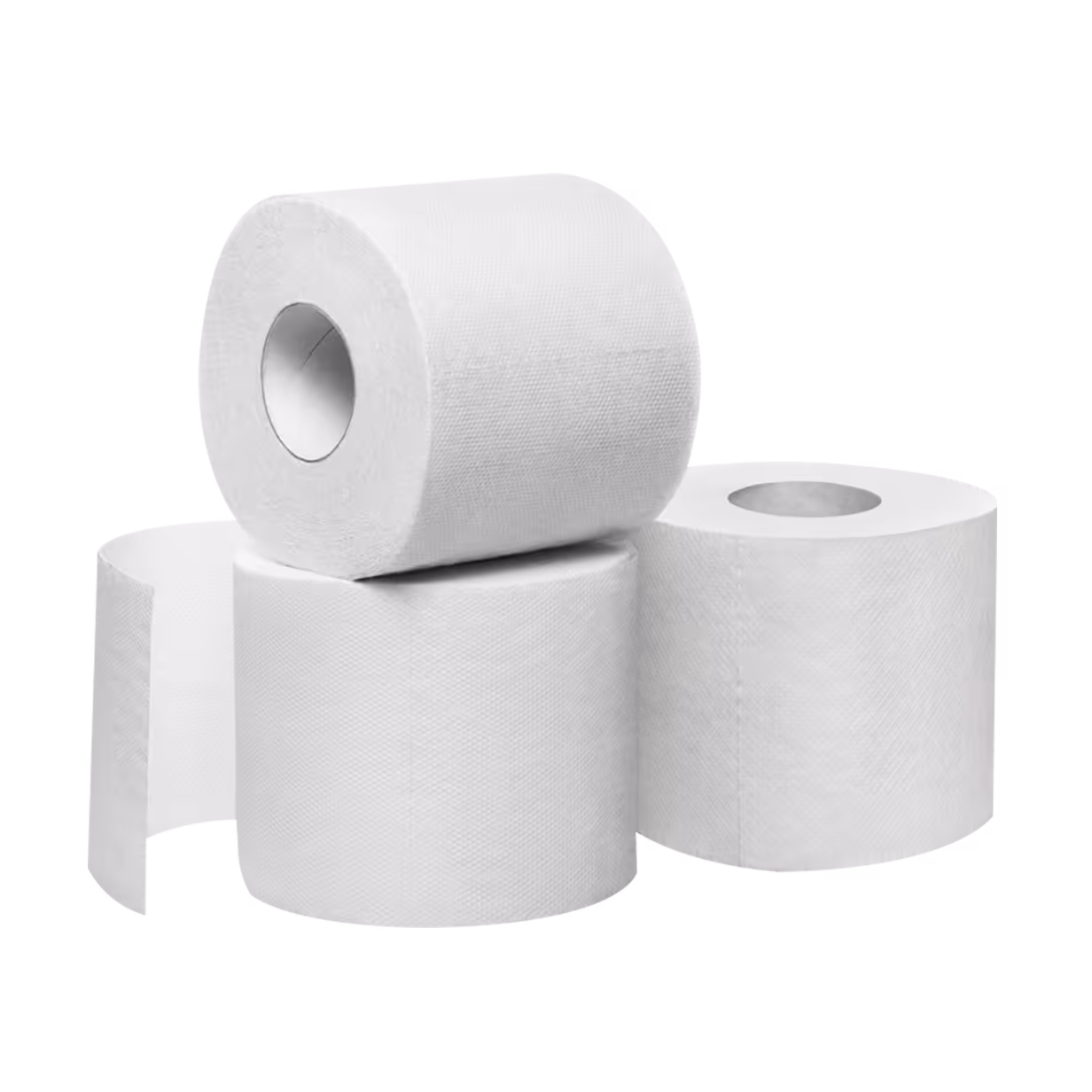 Four white rolls of 2-ply bathroom tissue stacked together on a white background.