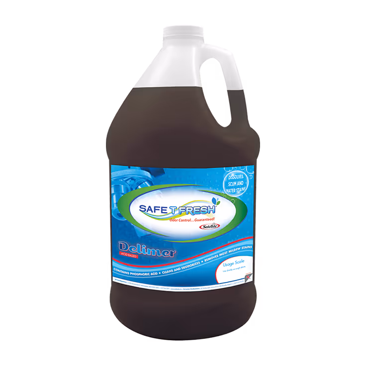 A large bottle of Delimer cleaning solution with a handle, featuring a blue and white label.