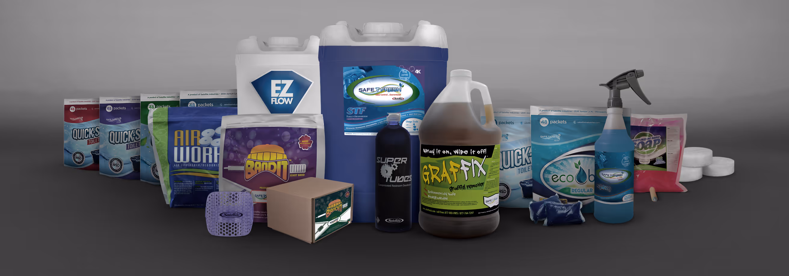 Various cleaning and deodorizing products including sprays, packets, bands, and large containers on gray background.
