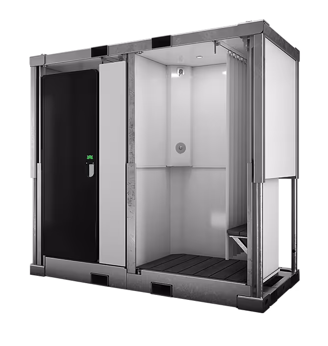 Modern portable shower unit with black door, white interior, slatted floor, bench, and curtain.