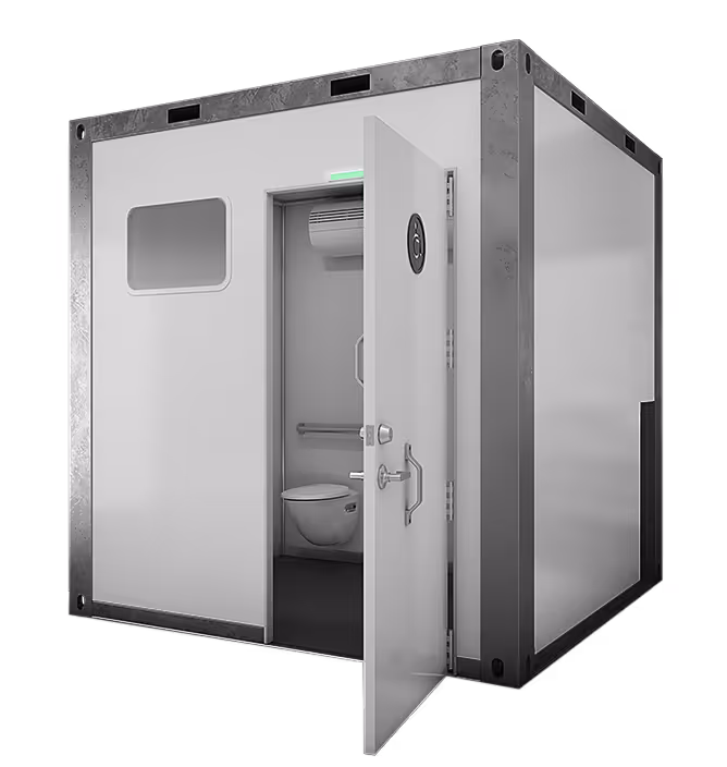 Portable restroom unit with open door showing toilet and grab bar inside.