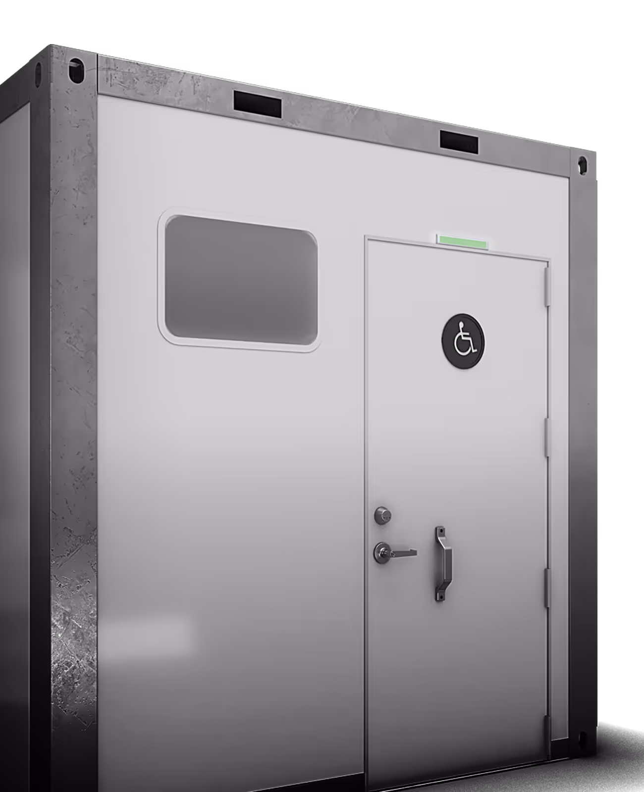 White portable restroom with a metallic frame, featuring a door marked for wheelchair access.