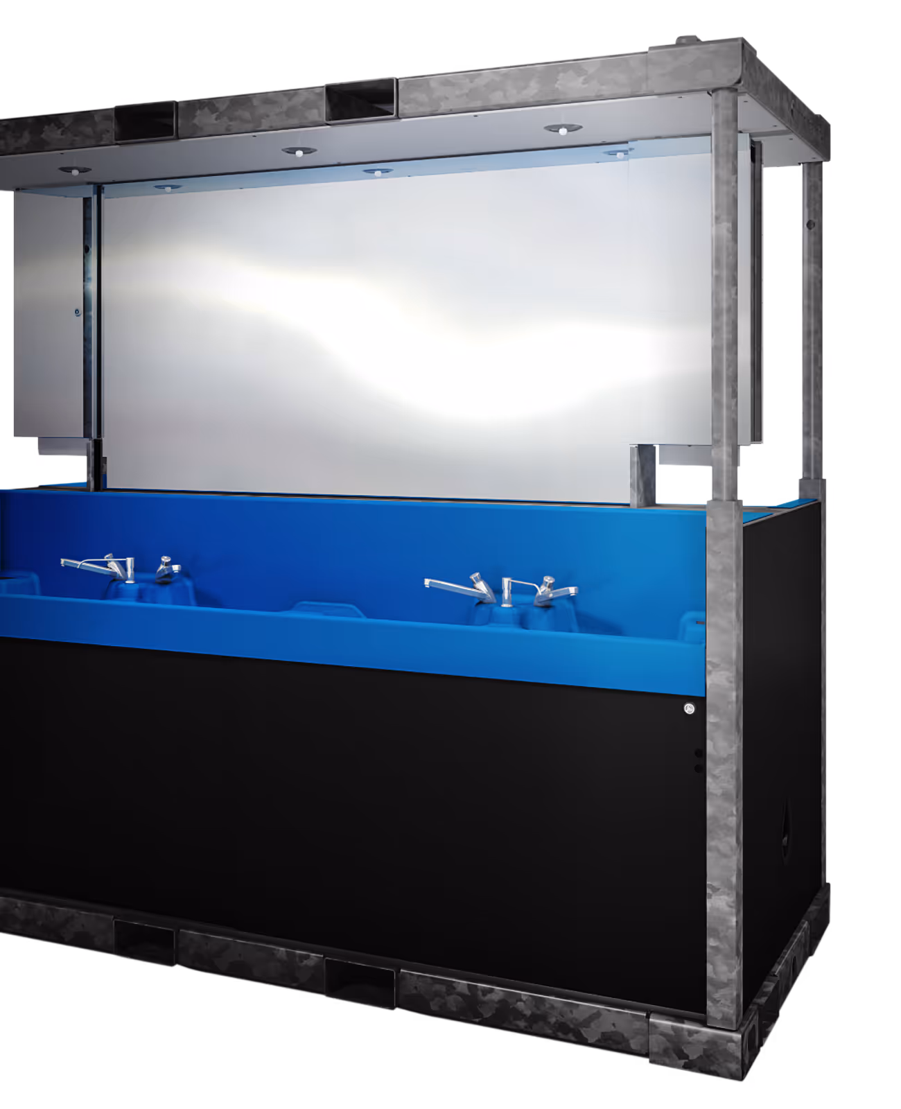 Sanitrax Washbasin Module with a blue basin and stainless steel backsplash, featuring multiple