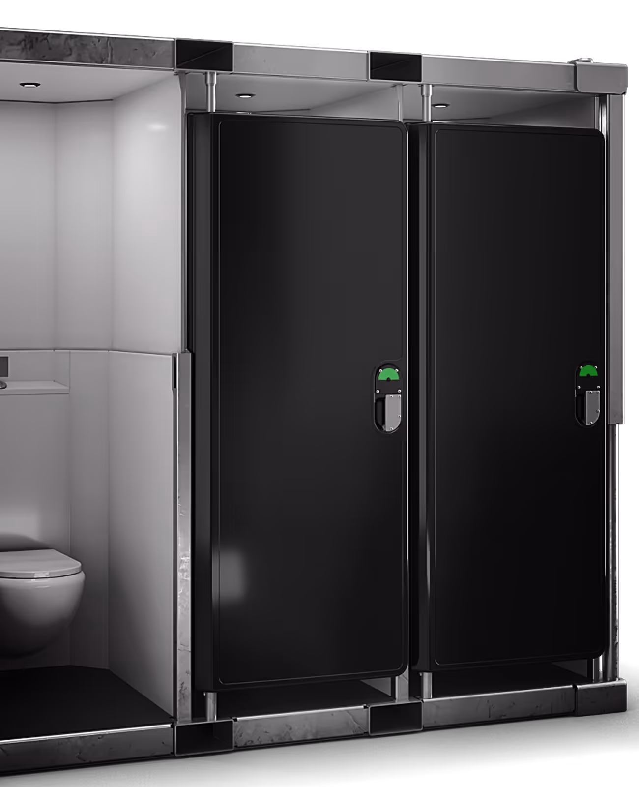 Two compact black toilet modules with stainless steel accents and modern design.