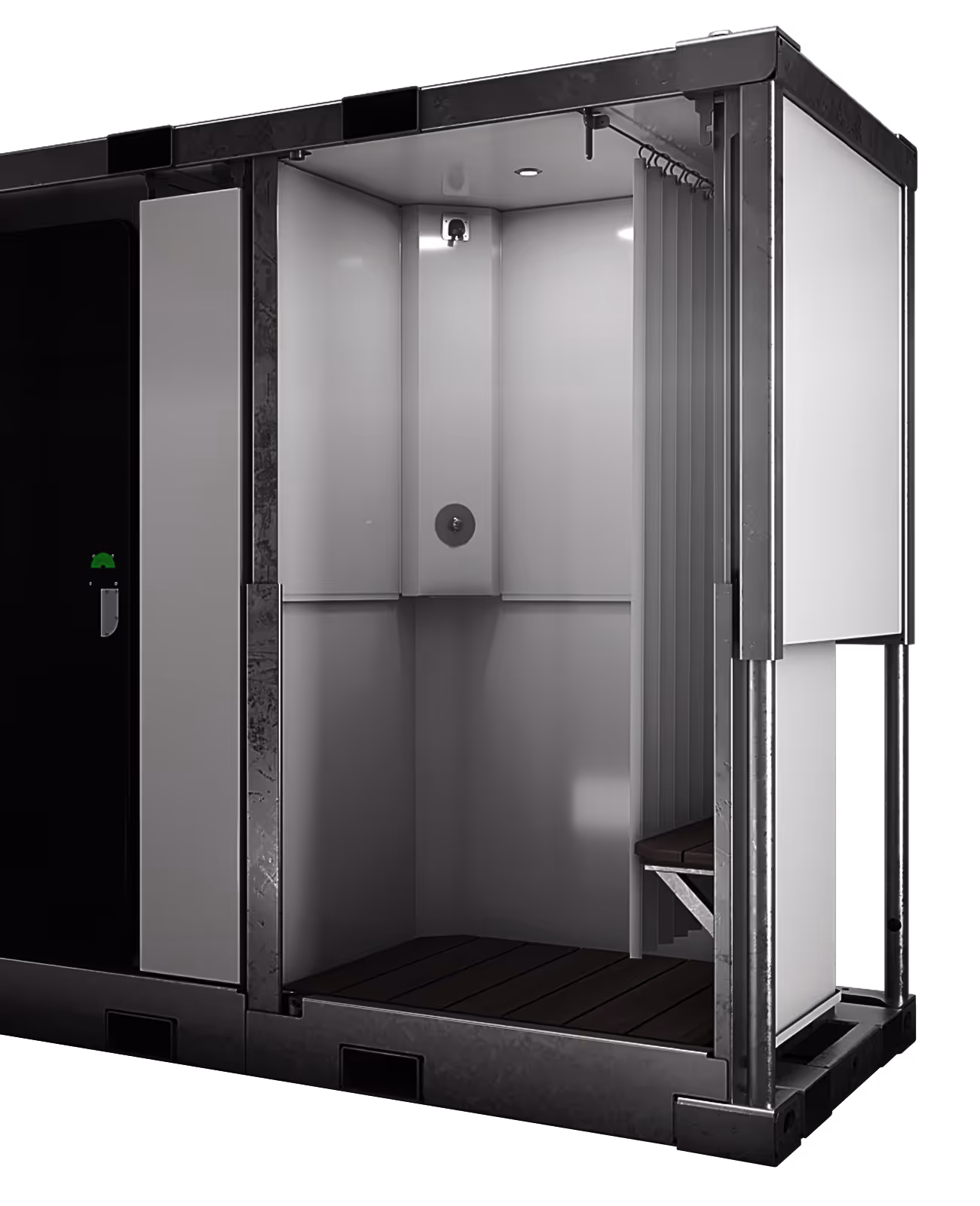 Sanitrax Shower Module with a privacy curtain, showerhead, and wooden bench inside a sleek