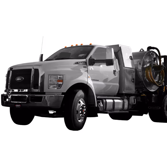 White Ford truck with large tank and hose equipment on the back for industrial use.