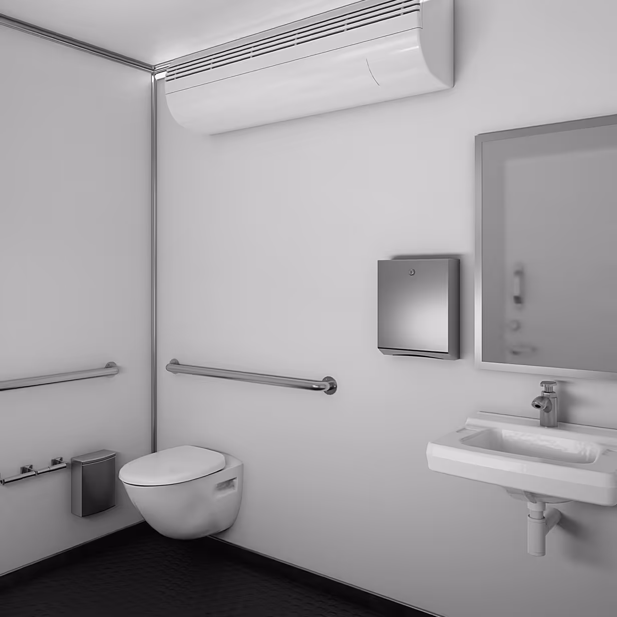 Minimalist accessible bathroom with wall-mounted toilet, grab rails, sink, mirror, and air conditioner.