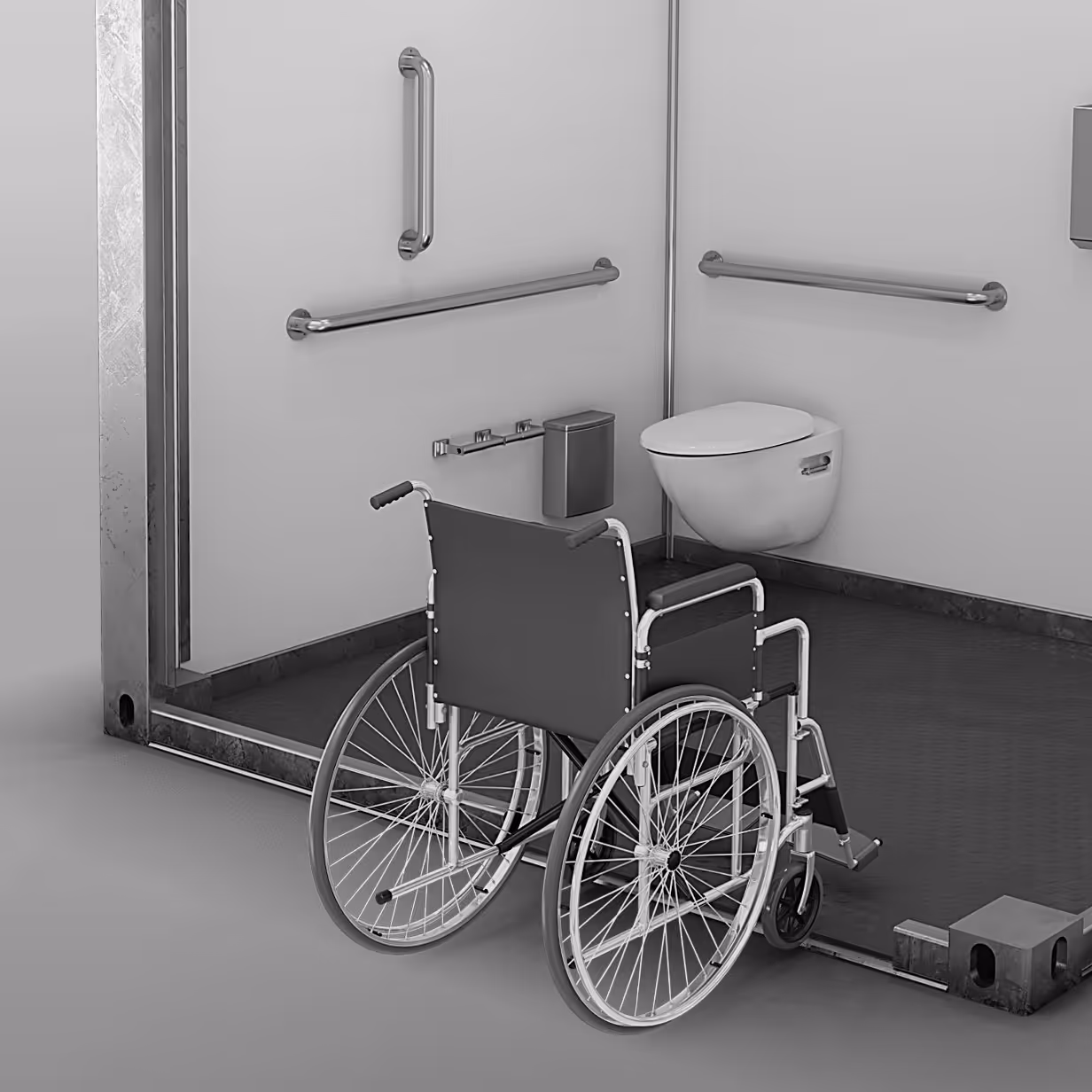 Wheelchair positioned near an accessible public restroom with grab bars and a wall-mounted toilet.