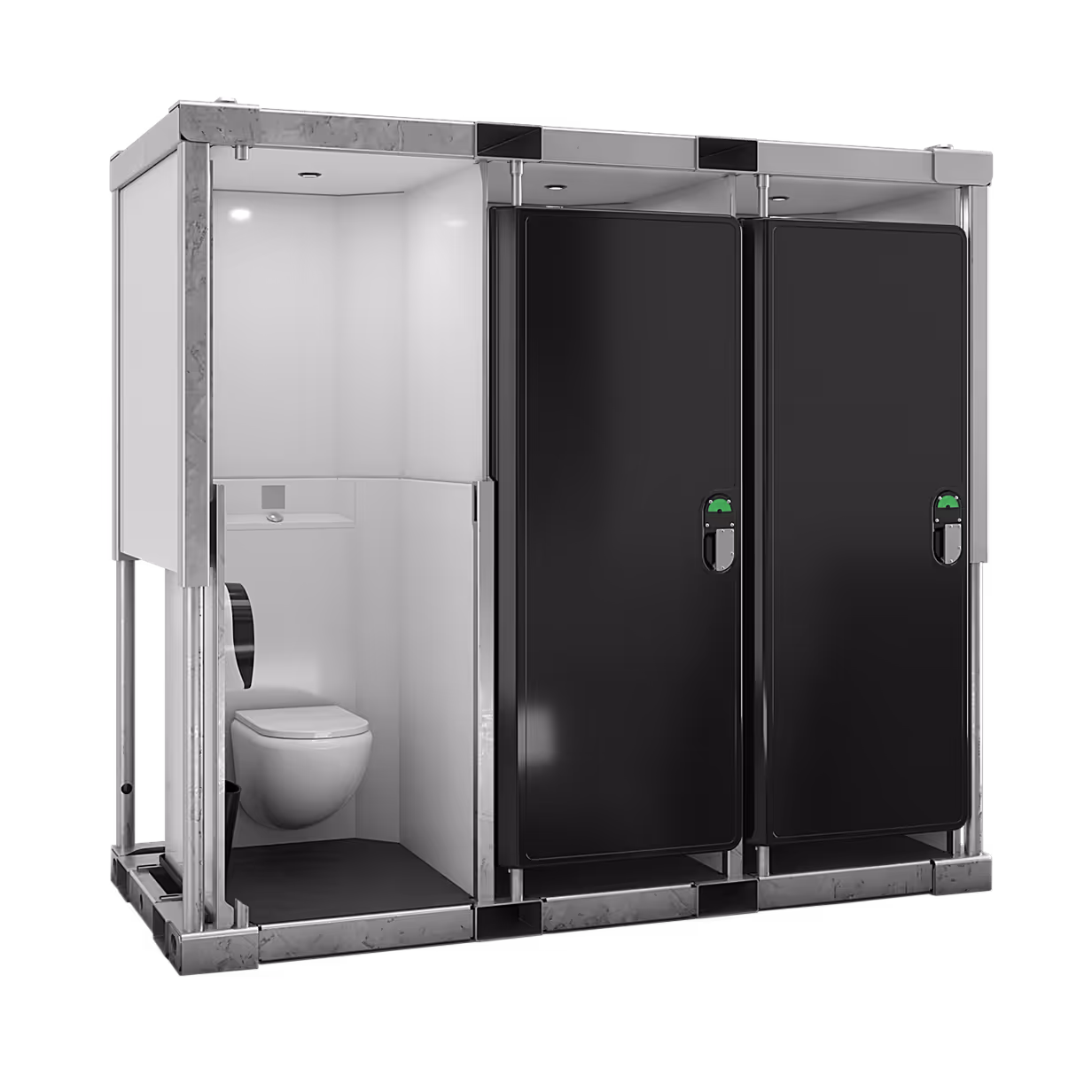 Sanitrax Toilets Module featuring two black restroom stalls and a single toilet in a white