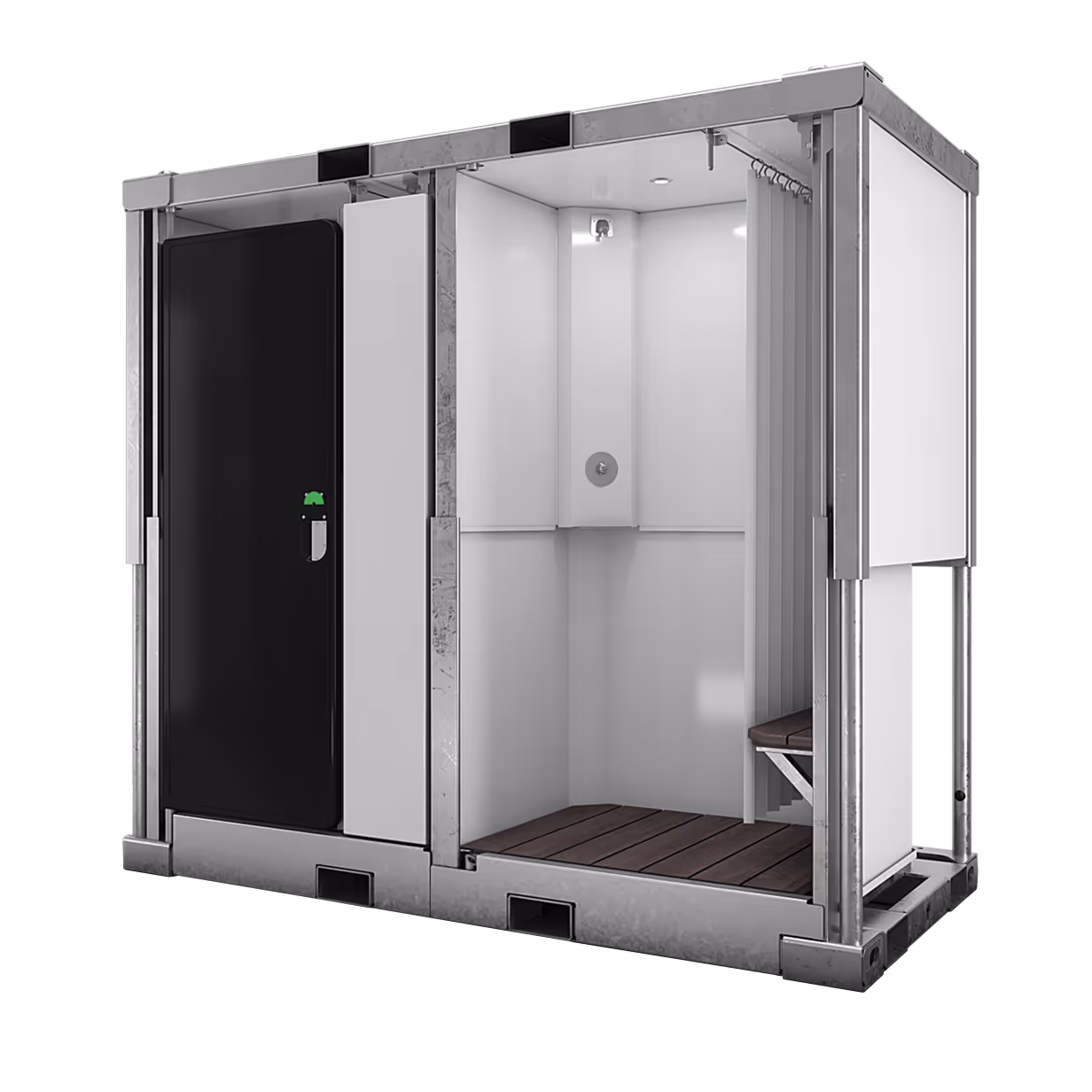 Sanitrax Shower Module featuring a folding shower curtain, wooden bench, and a black door.