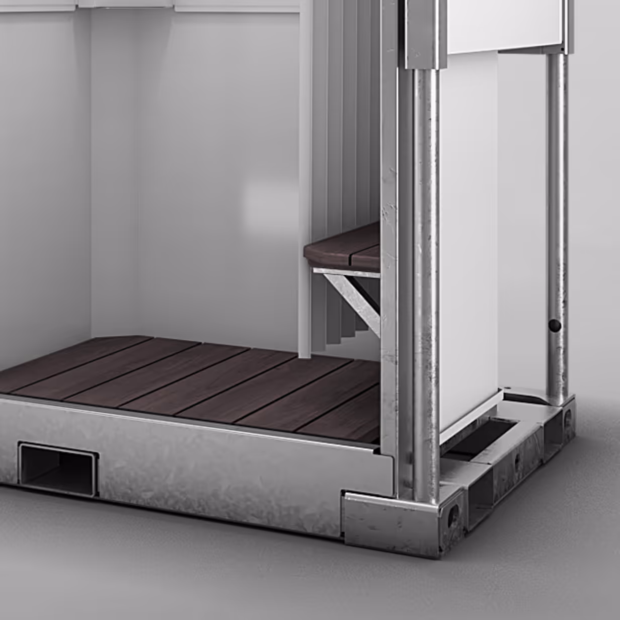 Close-up of a metal framed structure with dark wooden floor planks and a bench inside.
