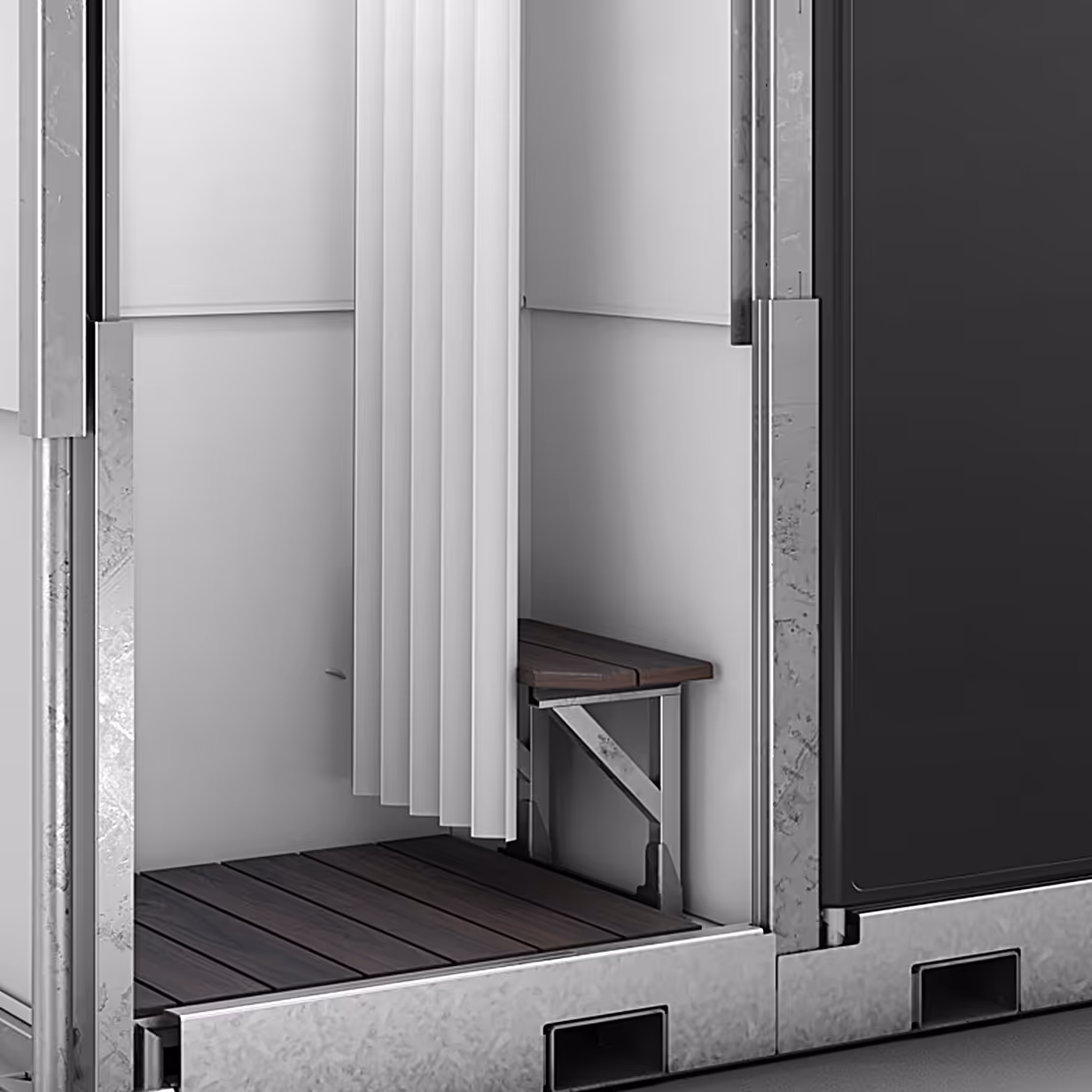 Interior of a small shower stall with a white folding curtain and a wooden bench seat.
