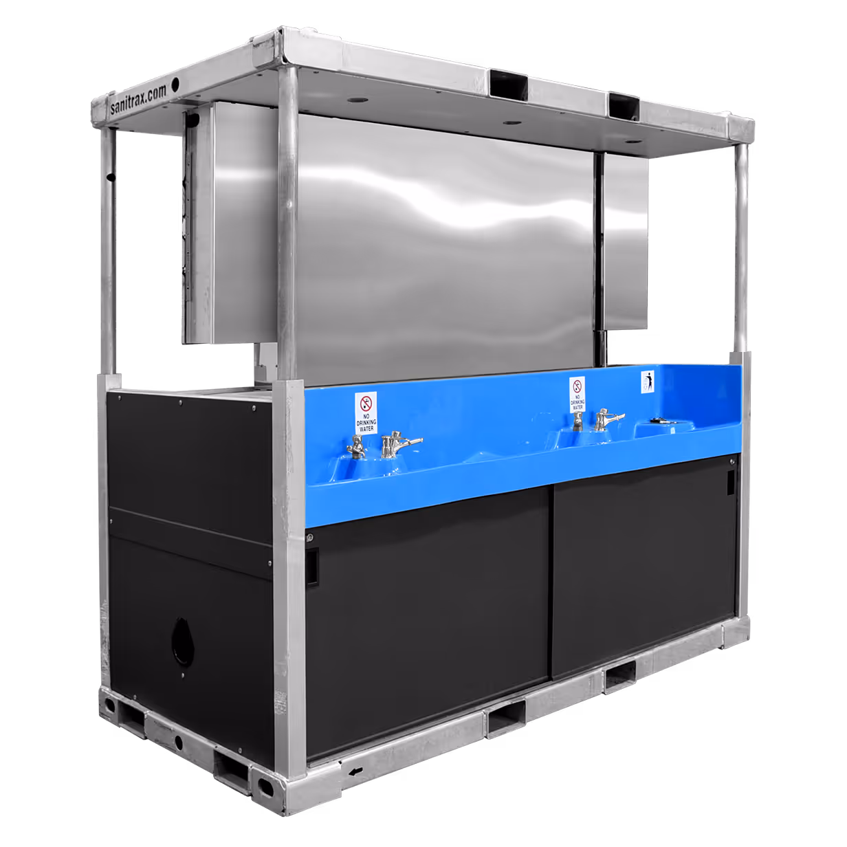 Portable washbasin module with two sinks, stainless steel top, and black storage compartments.