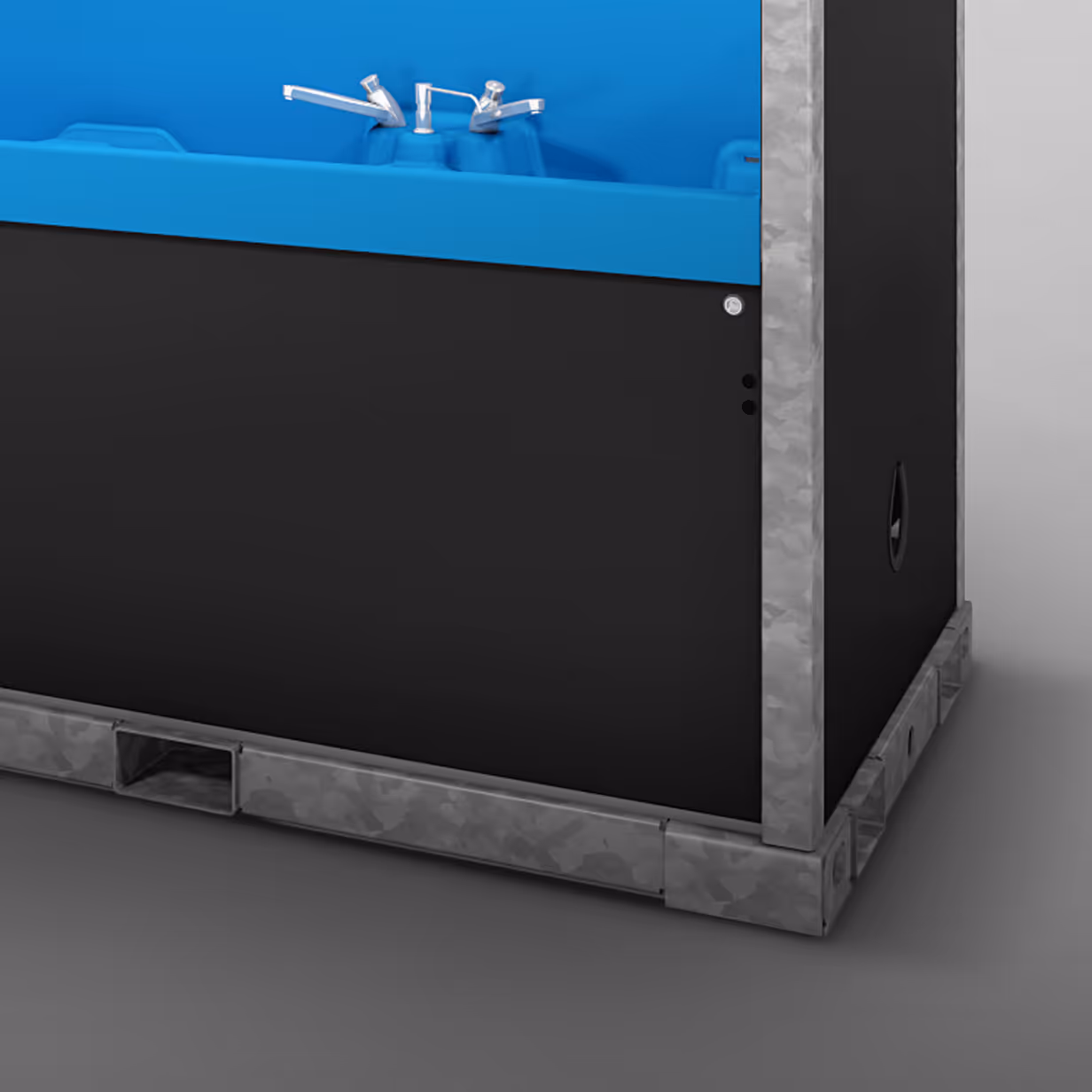 Close-up of a blue and black industrial container with metal frame and faucet handles.